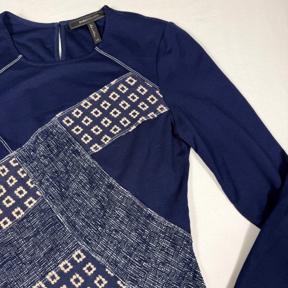 BCBGMAXAZRIA Mini Dress XS Navy Blue Mixed Media Patchwork Long Sleeve - Picture 10 of 16